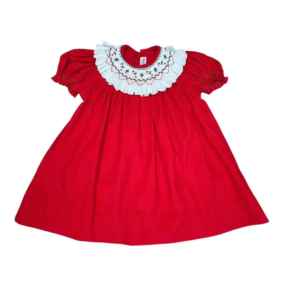 Vintage House of Hatten Red Polka Dot Smocked Dress Embroidered White Ruffle 24M
